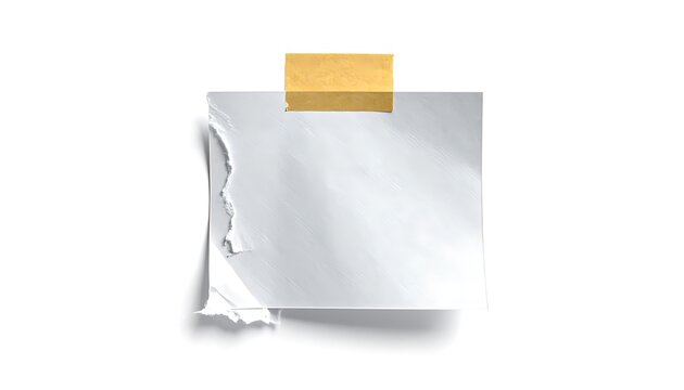 Torn paper note attached with tape, isolated on white background, with textured surface and shadow