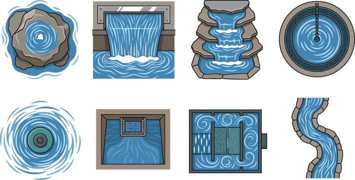 Water Feature Collection with Waterfalls Fountains Streams Drainage Channels and Filtration Systems