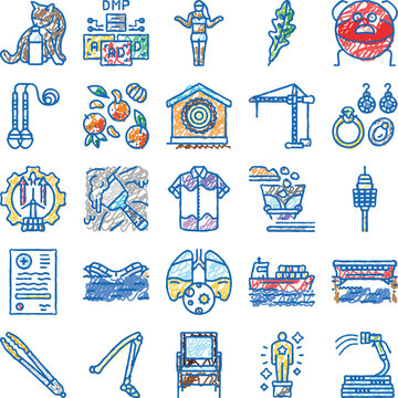 Diverse hand drawn icons illustrating various concepts from animals and nature to technology, fashion, medical items, transport, and people, providing a broad range of visual representations