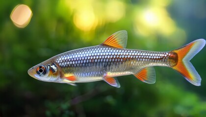 Fototapeta premium fathead minnow fish swimming gracefully with a shimmering silver body and orange accents against a soft green blurred natural background