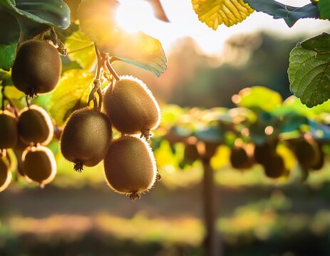 kiwi picking season captures the essence of harvesting kiwis from a tree plantation filled with abundant kiwi clusters this vibrant garden showcases kiwi trees and organic fruits under sunlight and