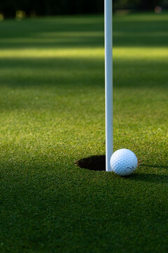 White golf ball tap in close to hole and pin on putting green, early morning sunny summer day on the golf course, relaxing recreational sport

