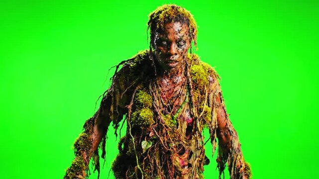 Swamp monster walking. Creepy creature on a green screen background