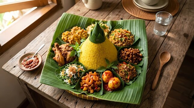 Traditional Indonesian Nasi Tumpeng with Assorted Side Dishes on Banana Leaf