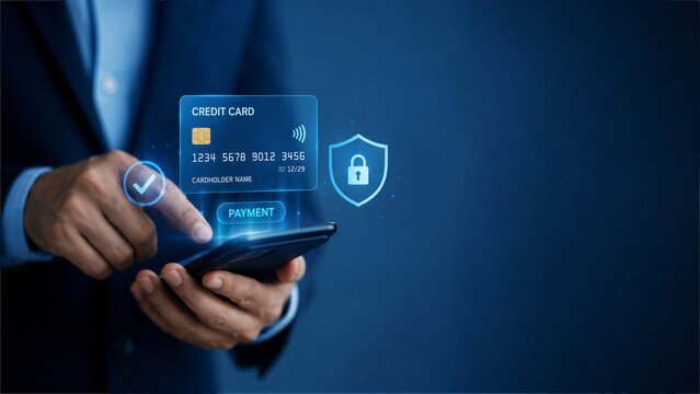 A person uses a smartphone for secure online payment with a holographic credit card and security shield icon