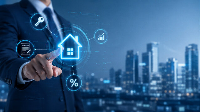 Businessman touching virtual house icon with mortgage rate and property investment icons over city skyline, real estate concept