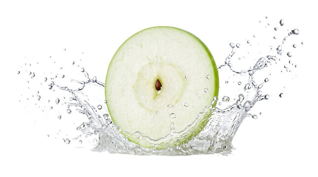 Fresh green apple slice with water splash effect isolated on transparent background