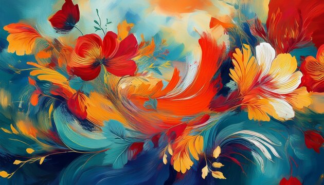 dramatic abstract floral pattern with layered brushstrokes in deep teal rich red orange and yellow for design bold art prints and high impact packaging