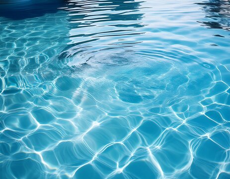abstract turquoise ripple patterns on a clear blue water surface create a cool summer reflection of liquid waves in a clean swimming pool