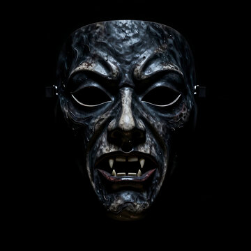 3D rendered monster face with glowing eyes and sharp teeth. Dark fantasy creature snarling in horror scene for games or films.