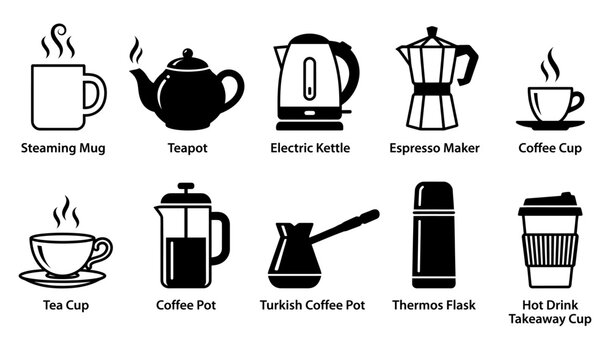 Black silhouettes of various hot beverage containers including teapots coffee makers mugs and takeaway cups on a white background.