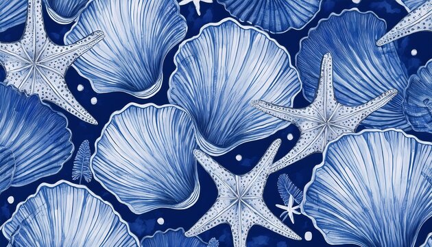 monochrome blue watercolor seashell seamless pattern with detailed starfish for coastal home decor and textile design
