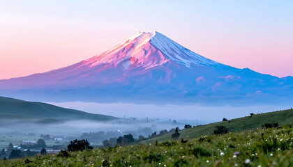 Obraz premium Majestic mountain peak at sunrise with vibrant pink clouds. Scenic landscape of snow-capped volcano over misty green hills.