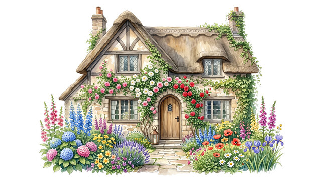 Vintage English cottage watercolor illustration, charming thatched roof house with blooming flower garden, rustic stone country home on white background