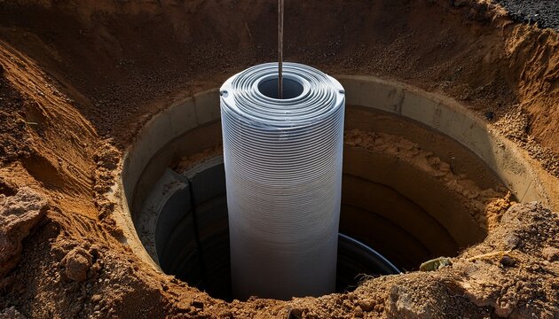 concrete well casing with a vent pipe installed in an excavated pit