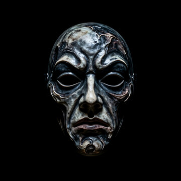 Tribal warrior mask with fierce expression and intricate carvings. Ancient ceremonial face sculpture for cultural or fantasy themes.
