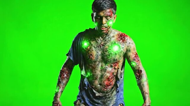 Scary zombie man walking. Undead creature on a green screen background