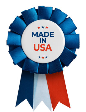 Made in usa button on a blue award ribbon rosette with red, white, and blue streamers, transparent background