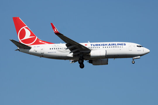 Turkish Airlines Boeing 737-700 (TC-JKO) on landing approach at Istanbul Ataturk Airport on March 28, 2019 in Istanbul, Turkey