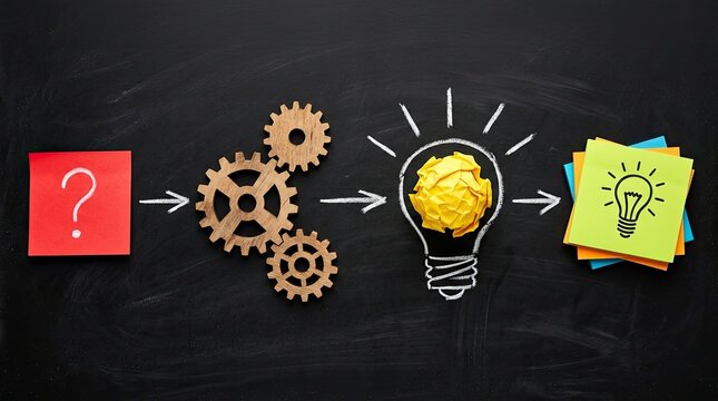 Conceptualizing an idea from question mark to lightbulb through gears on chalkboard with depicts creative process chalkboard then lightbulb crumpled paper finally lightbulb drawing brainstorming