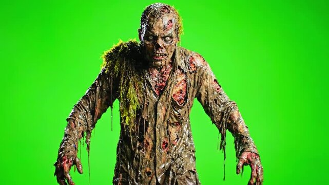 Scary zombie walking forward. Undead monster on a green screen background