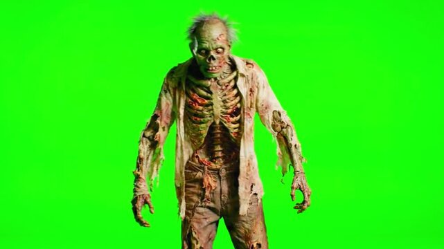 Scary zombie walking on a green screen background. Undead monster on a green screen background