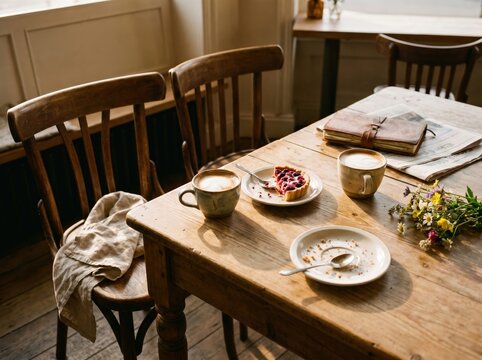 Rustic breakfast scene with two coffee cups and pastry on a wooden table for cozy cafe background and morning banner design