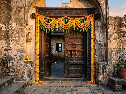Ornate wooden colonial door decorated with marigold garlands for cultural entrance background and festival display