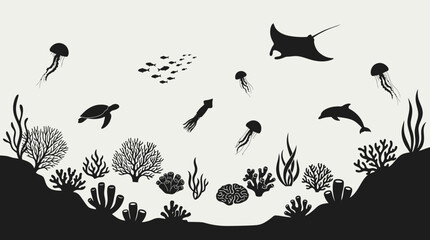 Diverse Marine Life Silhouette Collection: Coral Reefs, Fish, Jellyfish, Dolphin, Turtle, Manta Ray, Squid © Arsyila