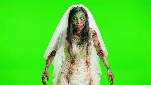 Scary zombie bride standing. Creepy undead woman on a green screen background