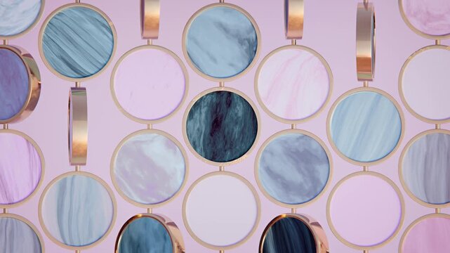 Pastel Colored Marble Circles In Golden Frame, Looped 3D Render