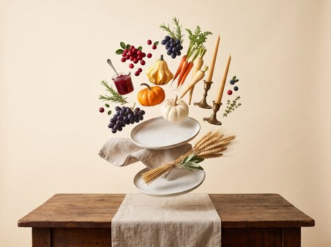 Thanksgiving floating tableware composition with pumpkins grapes candles and wheat for advertising banner and seasonal promotion