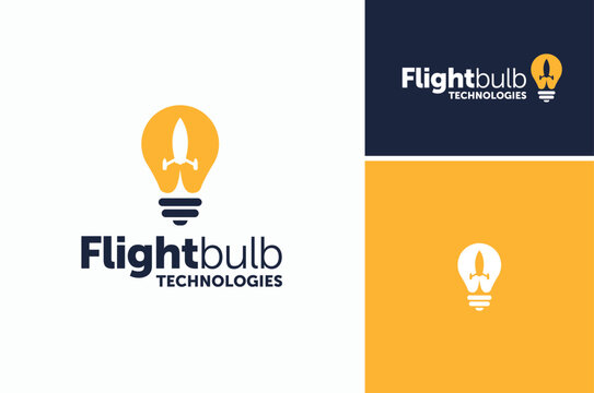 Light Bulb Lamp with Jet Plane Spacecraft Spaceship Launch Simple Modern Logo Design