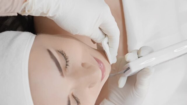Closeup of a woman receiving a rejuvenating facial treatment from a skilled cosmetologist in a serene spa environment. Innovative skincare device enhances complexion and promotes wellness