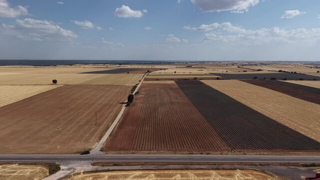 Aerial view of cultivated fields and rural roads in brihuega