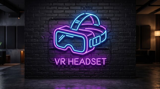 Neon VR headset sign on dark brick wall, glowing virtual reality goggles icon, futuristic gaming lounge decor with purple and blue light