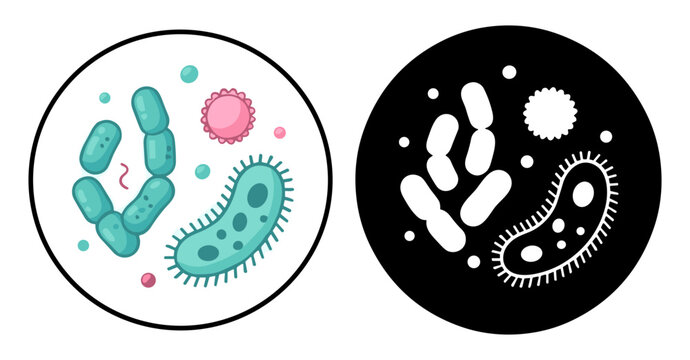 Microscopic view of various bacteria and microbes in color and silhouette contrast illustrations on transparent background