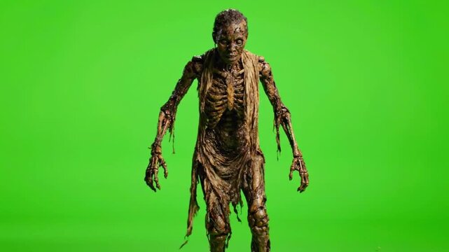 Scary zombie monster walking. Undead creature on a green screen background