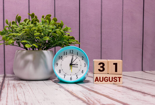 August 31 Calendar Date with Alarm Clock and Green Plant on Wooden Table