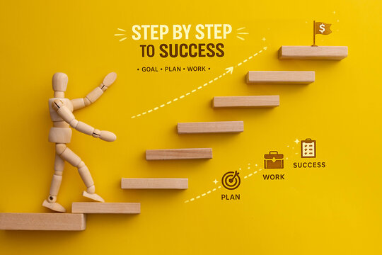 Step by Step to Success Motivation Business Growth Concept with Goal Achievement Icons.