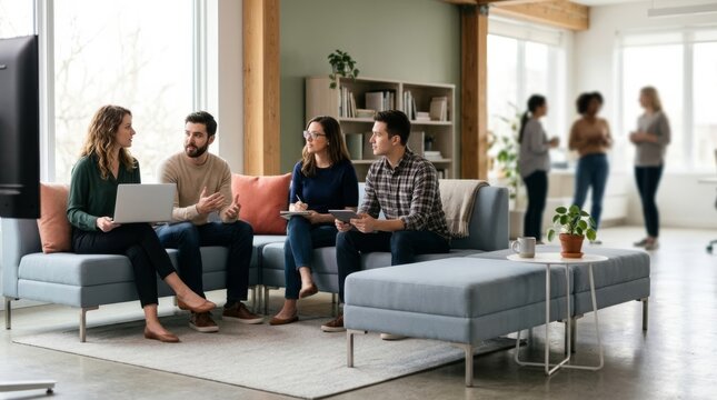 Modern office lounge with modular sofas and diverse colleagues in collaborative discussion, bright natural light