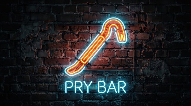 Neon pry bar sign on brick wall, glowing orange crowbar tool icon, blue electric light typography for hardware shop or construction theme