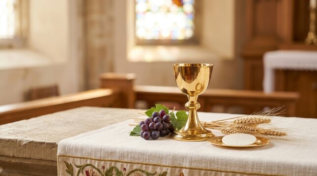 Holy communion: golden chalice, grapes, wheat, and host on an altar with candles and blurred church background