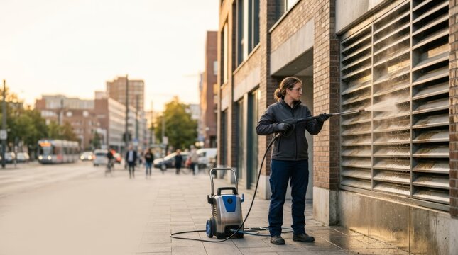 Urban worker power washes building ventilation grille in golden hour sunlight with bokeh city background