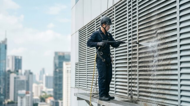 Rooftop worker pressure washing building facade louvers with water spray on sunny day, urban city background