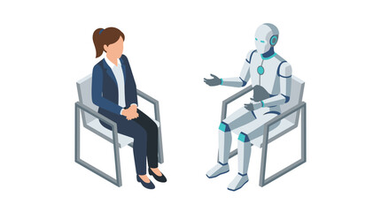 Fototapeta premium Isometric Businesswoman Interviewing Humanoid Robot Concept