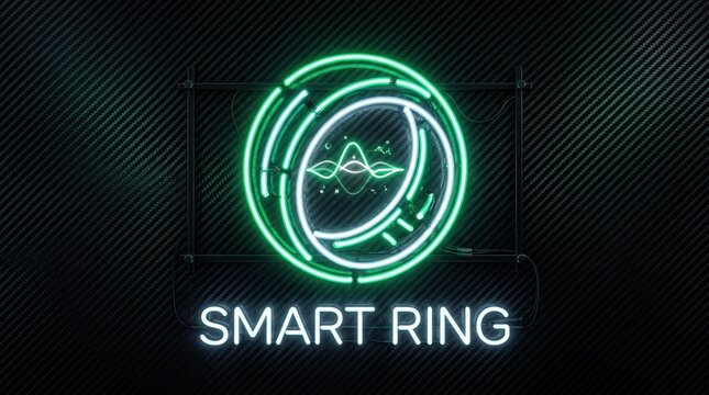 Smart ring neon sign on carbon fiber background, futuristic wearable technology logo, glowing green circular electronic device icon