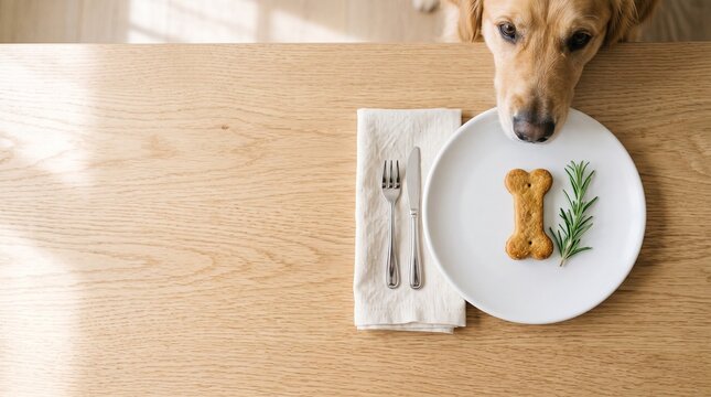 High angle view of minimalist holiday pet table setting with plain white plate holding single organic bone shaped dog biscuit treat next to fresh rosemary sprig oak table layout on left
