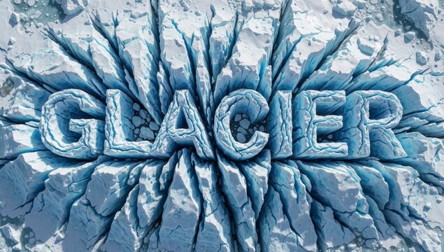 Close-up word glacier written capital letters bold cursive font surrounded burst light blue ice appears jagged