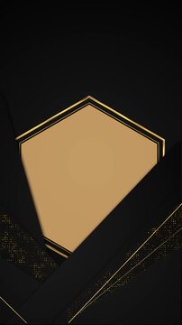 Layered ebony shapes open around warm golden hexagonal plate, fine outlines, and patterned dot strips. prestige branding, certificates, gala screens, anniversary titles, sophisticated motion design.